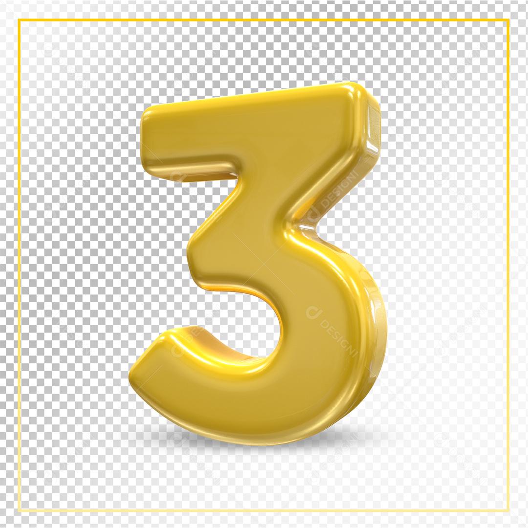 Número 3D 3 Dourado Para composição PSD
