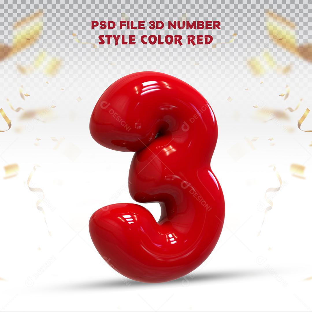 Balão 3D Número 3 Vermelho Elemento Para composição PSD