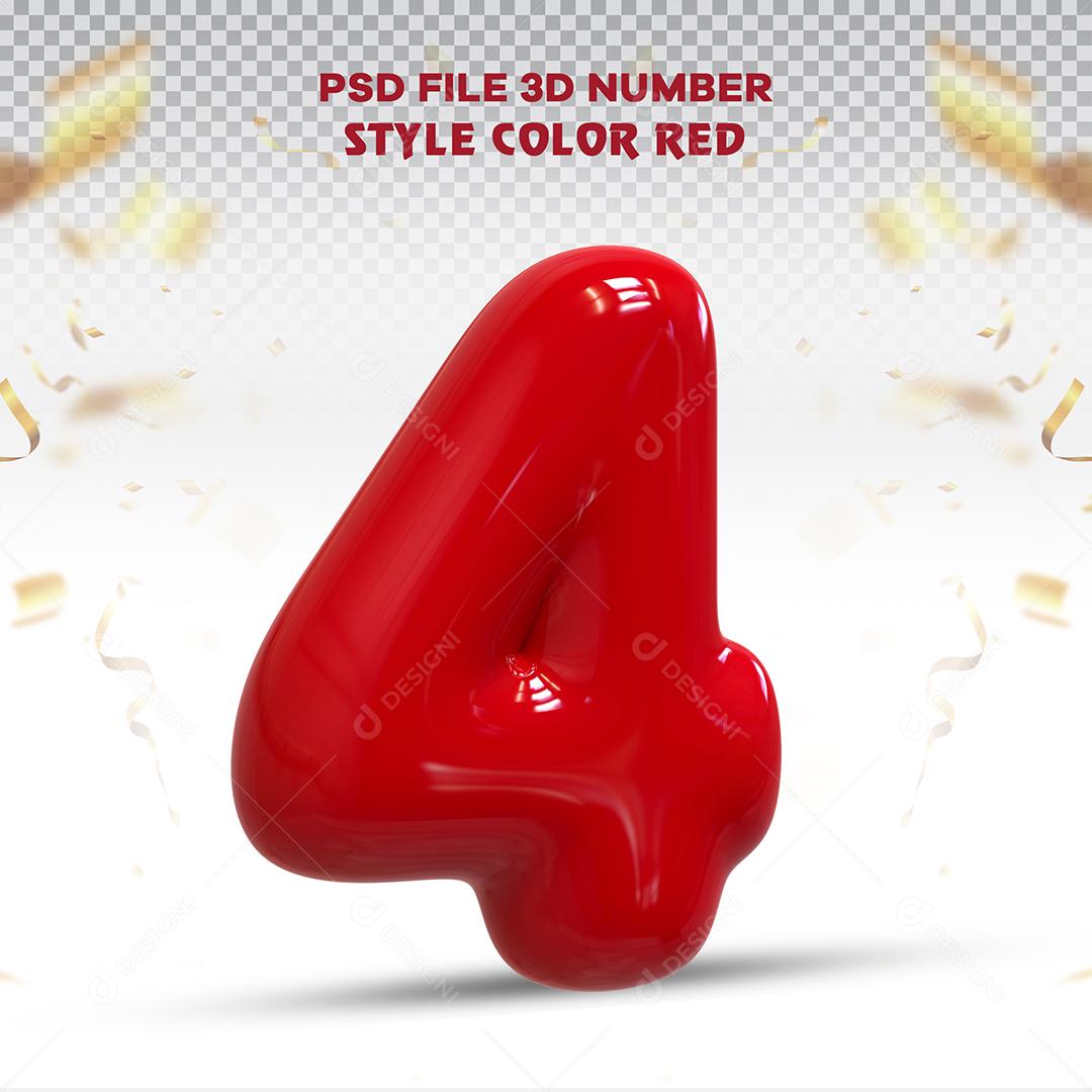 Balão 3D Número 4 Vermelho Elemento Para composição PSD