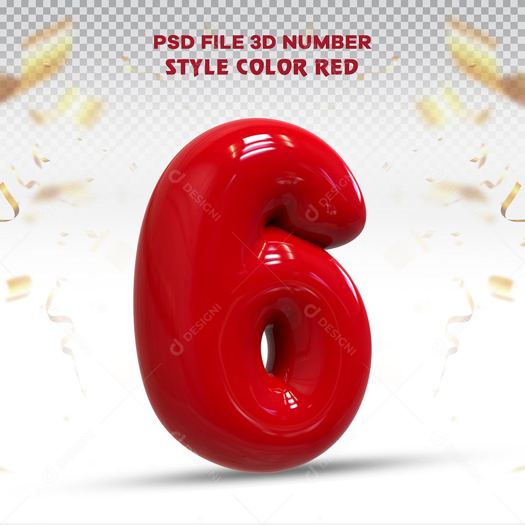 Balão 3D Número 6 Vermelho Elemento Para composição PSD