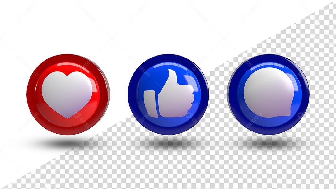 Ícones 3D De Redes Sociais Coração Like e Comentário para Composição PSD