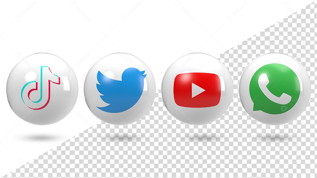 Ícones 3D De Redes Sociais Tiktok Twitter Youtube e Whatsapp para Composição PSD