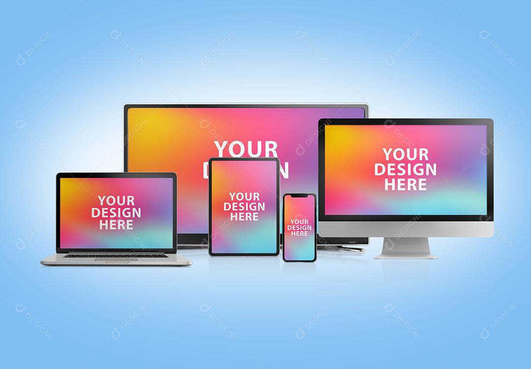 Mockup Objetos Eletrônicos Monitores e Computadores e Celulares PSD