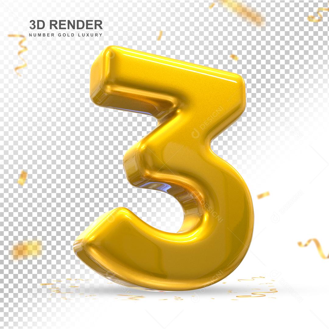 Número 3D 3 Dourado Para composição PSD