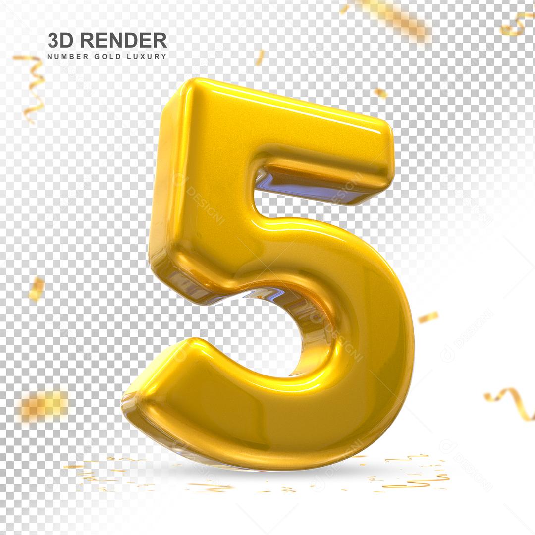 Número 5 Dourado 3D Para composição PSD