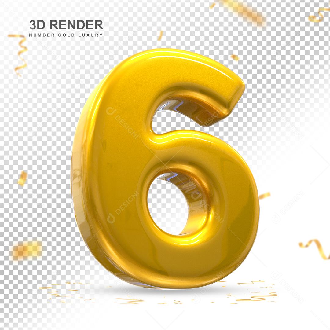 Número 6 Dourado 3D Para composição PSD
