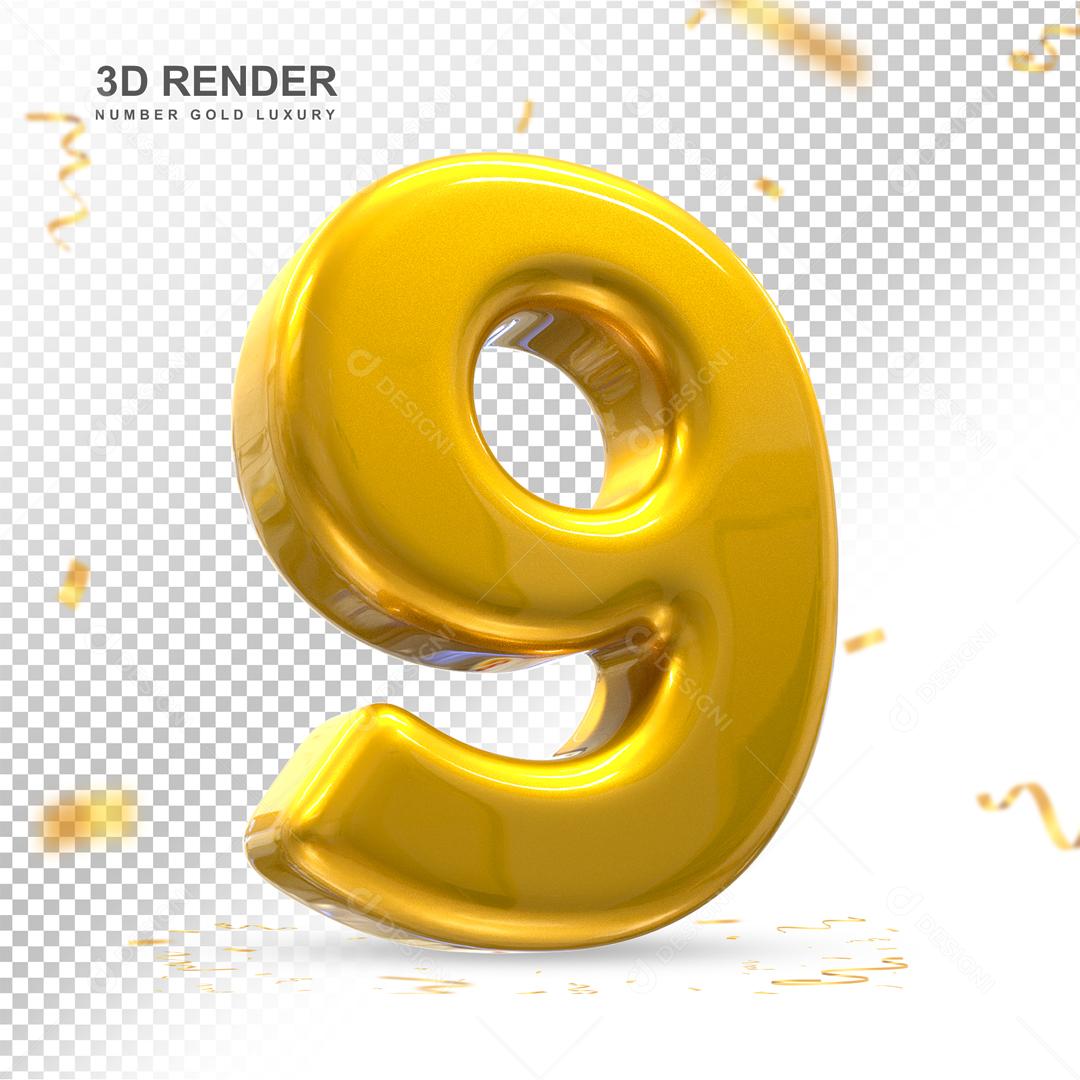 Número 9 Dourado 3D Para composição PSD