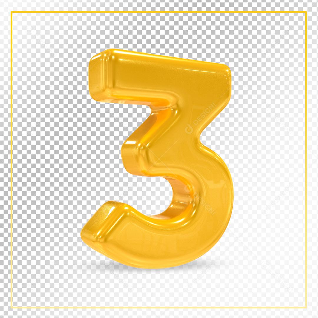 Número 3D 3 Dourado Para composição PSD
