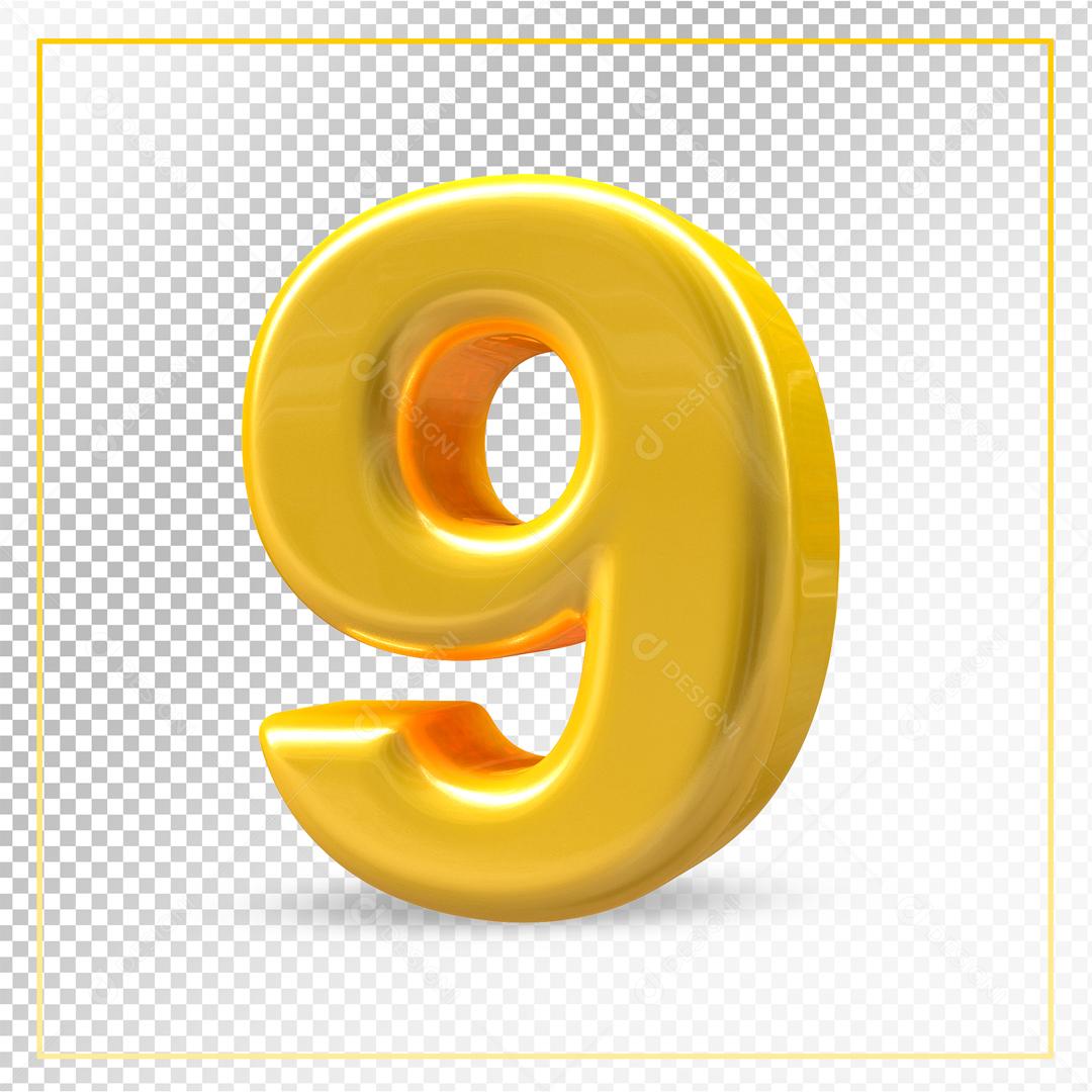 Número 9 Dourado 3D Para composição PSD