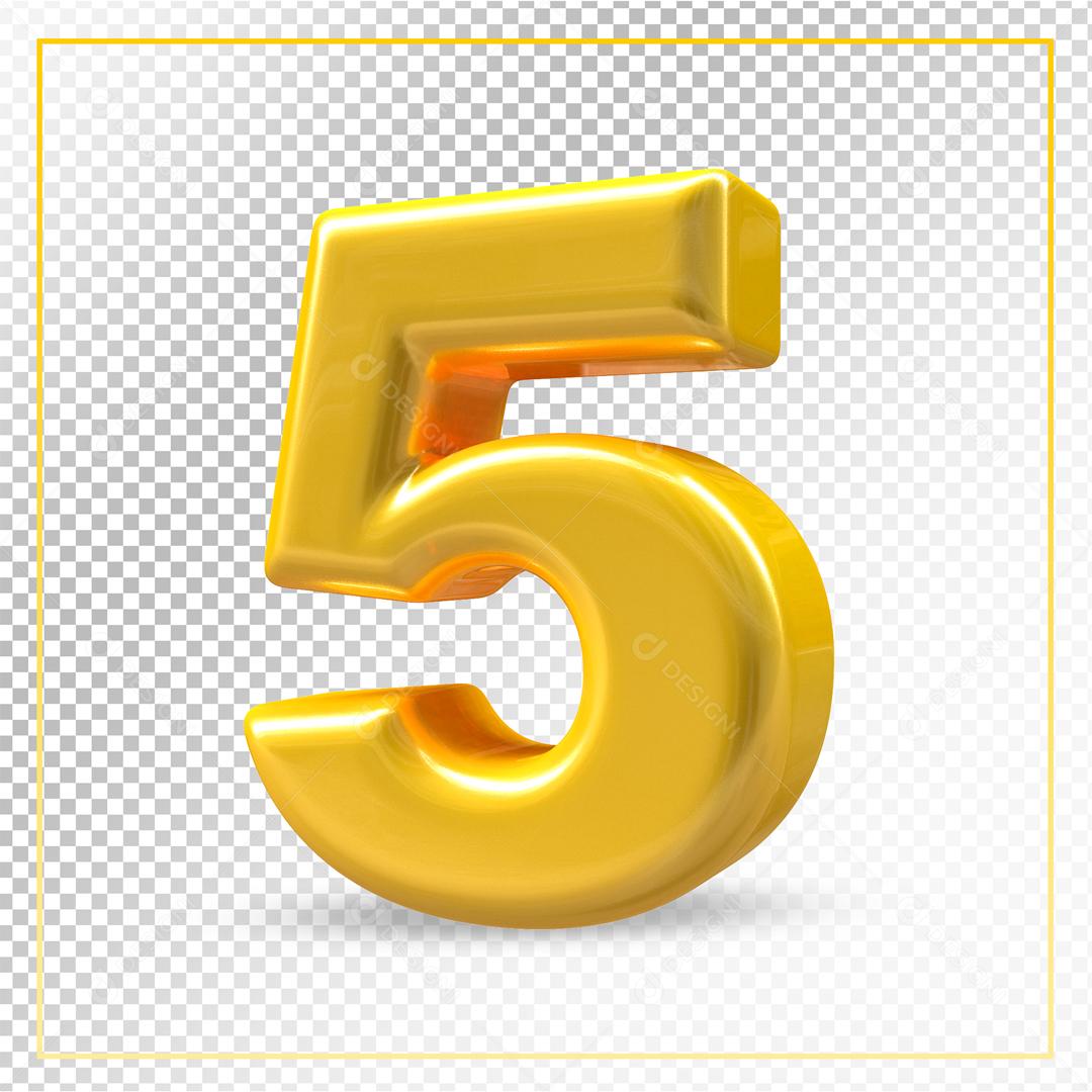 Número 3D 5 Dourado Para composição PSD