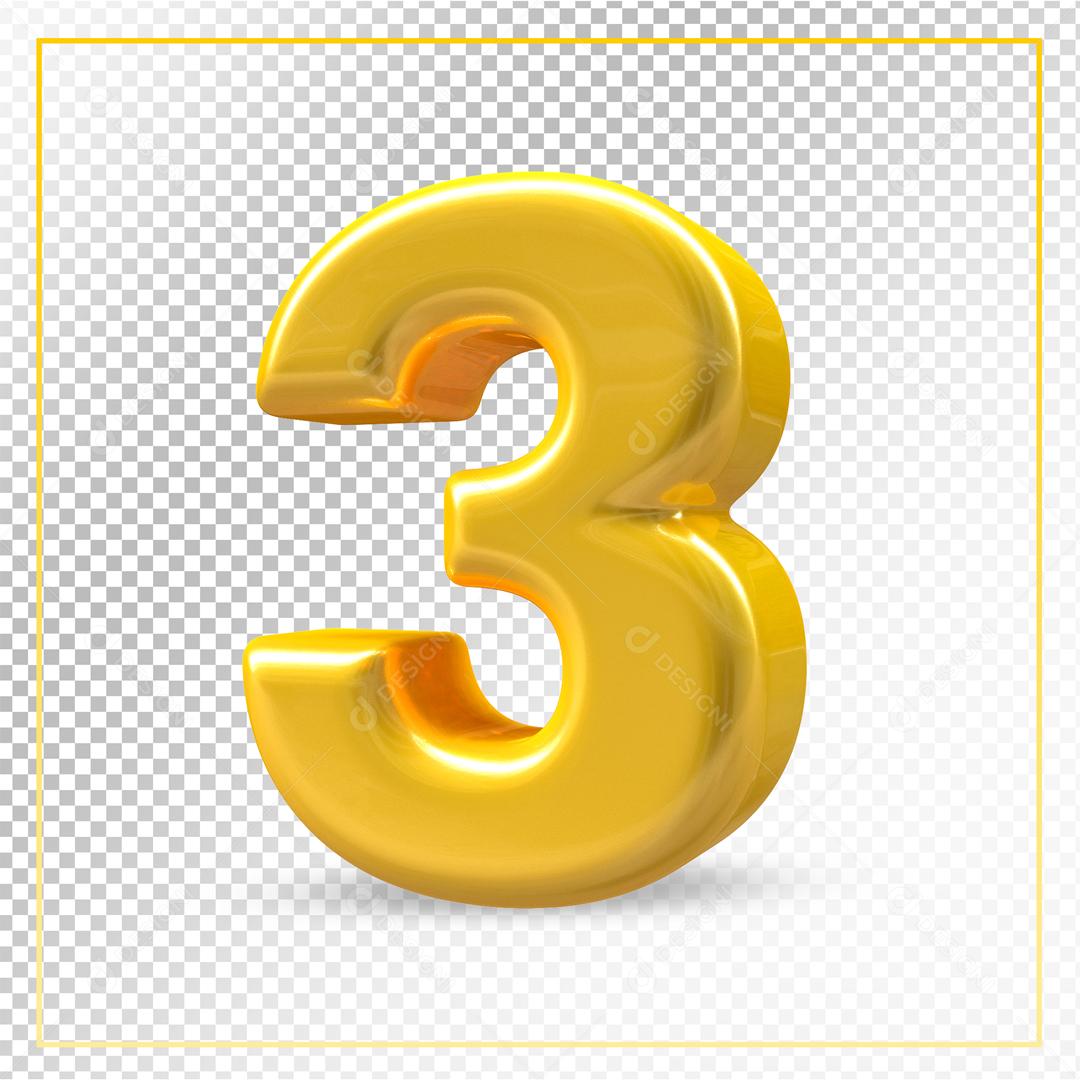Número 3D 3 Dourado Para composição PSD
