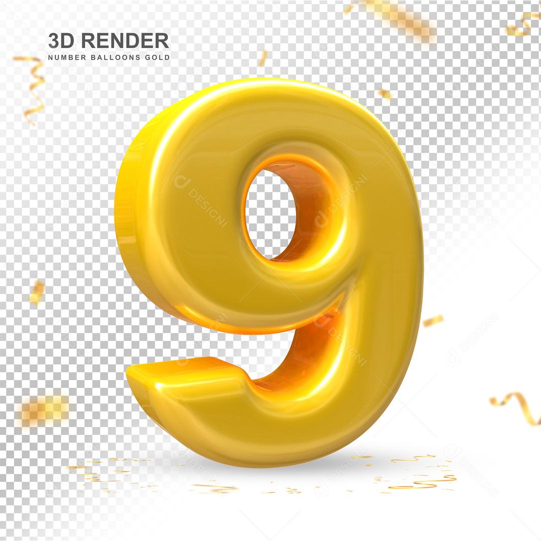 Número 3D 9 Dourado Para composição PSD