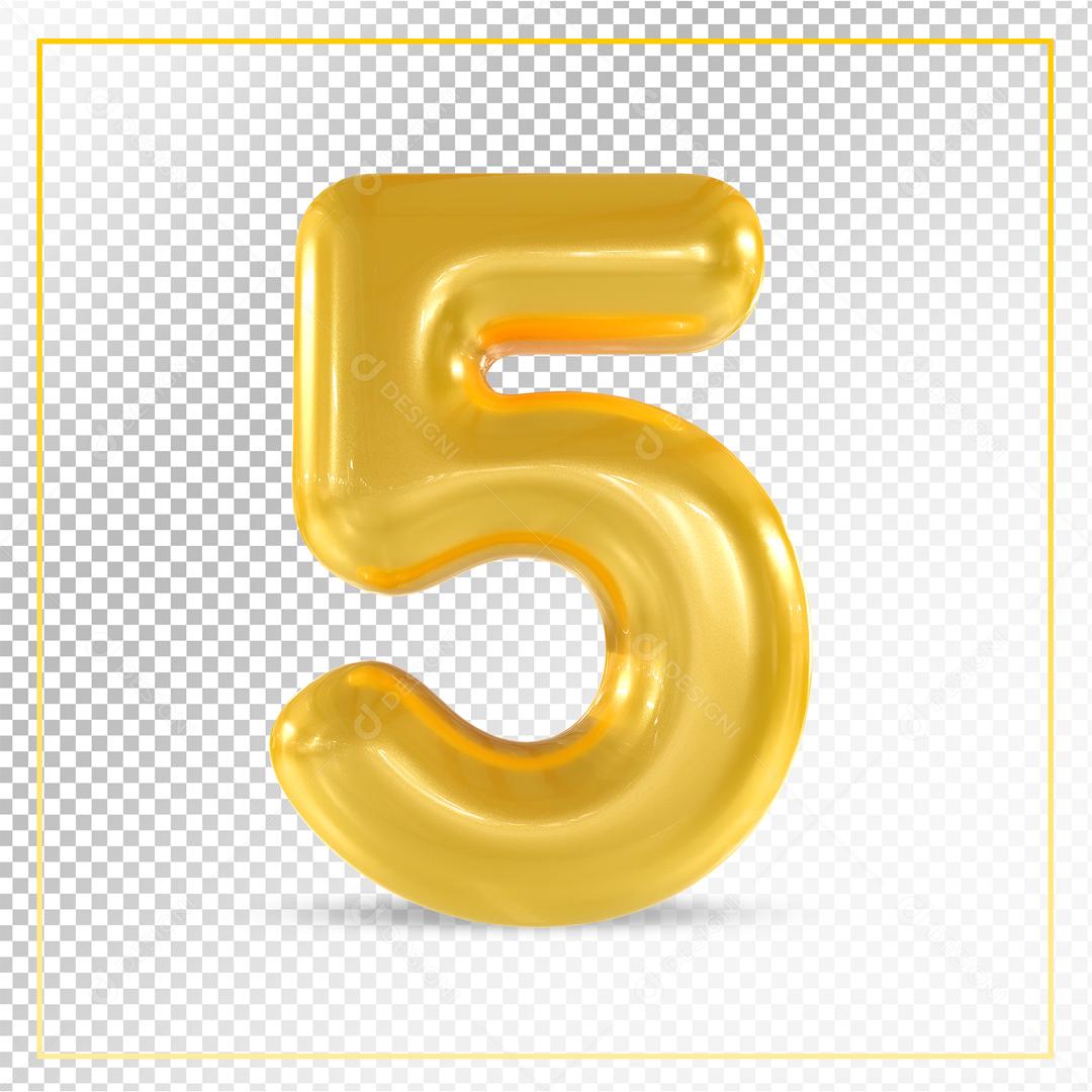 Número 3D 5 Dourado Para composição PSD