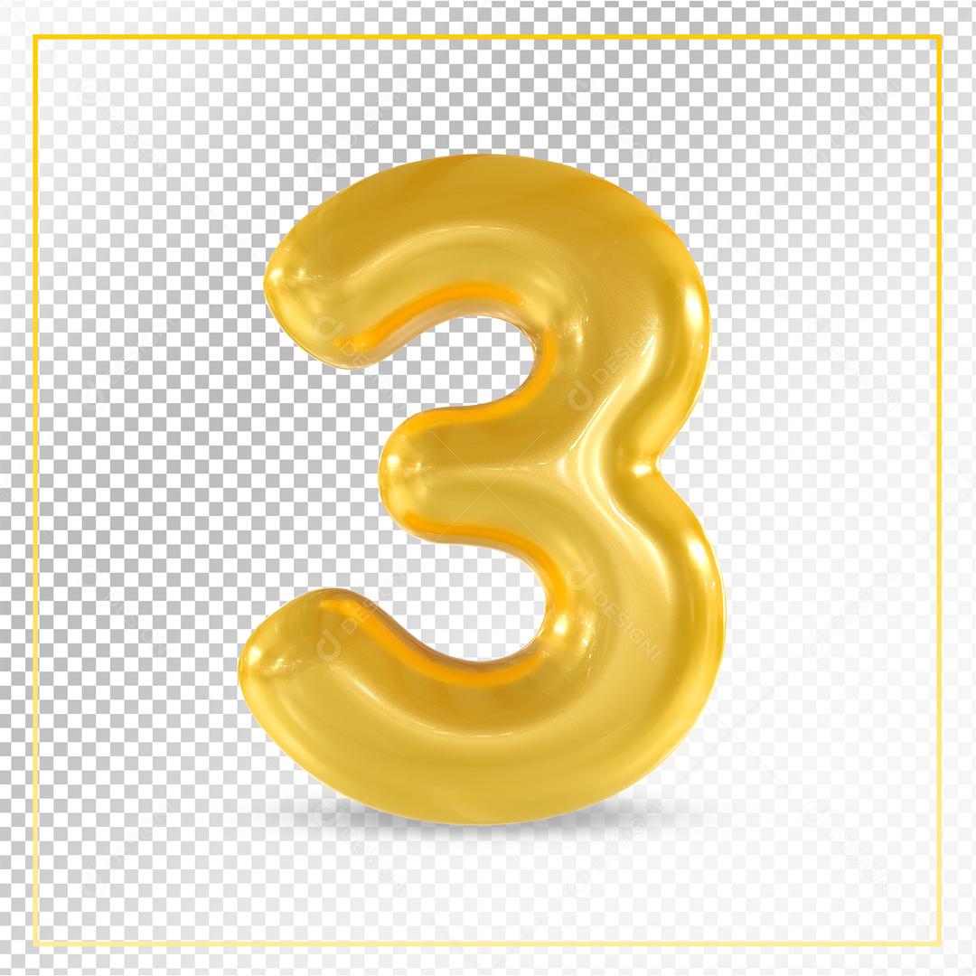 Número 3D 3 Dourado Para composição PSD
