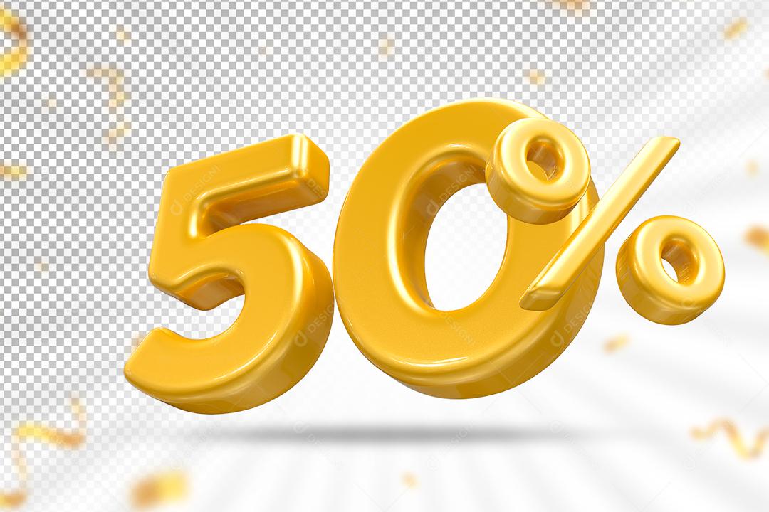 Número 50% por cento 3D Dourado para Composição PSD