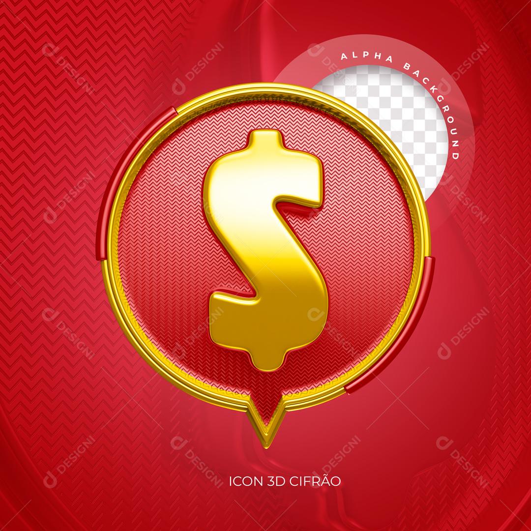 Cifrão Dourado e Vermelho Elemento 3D para Composição PSD