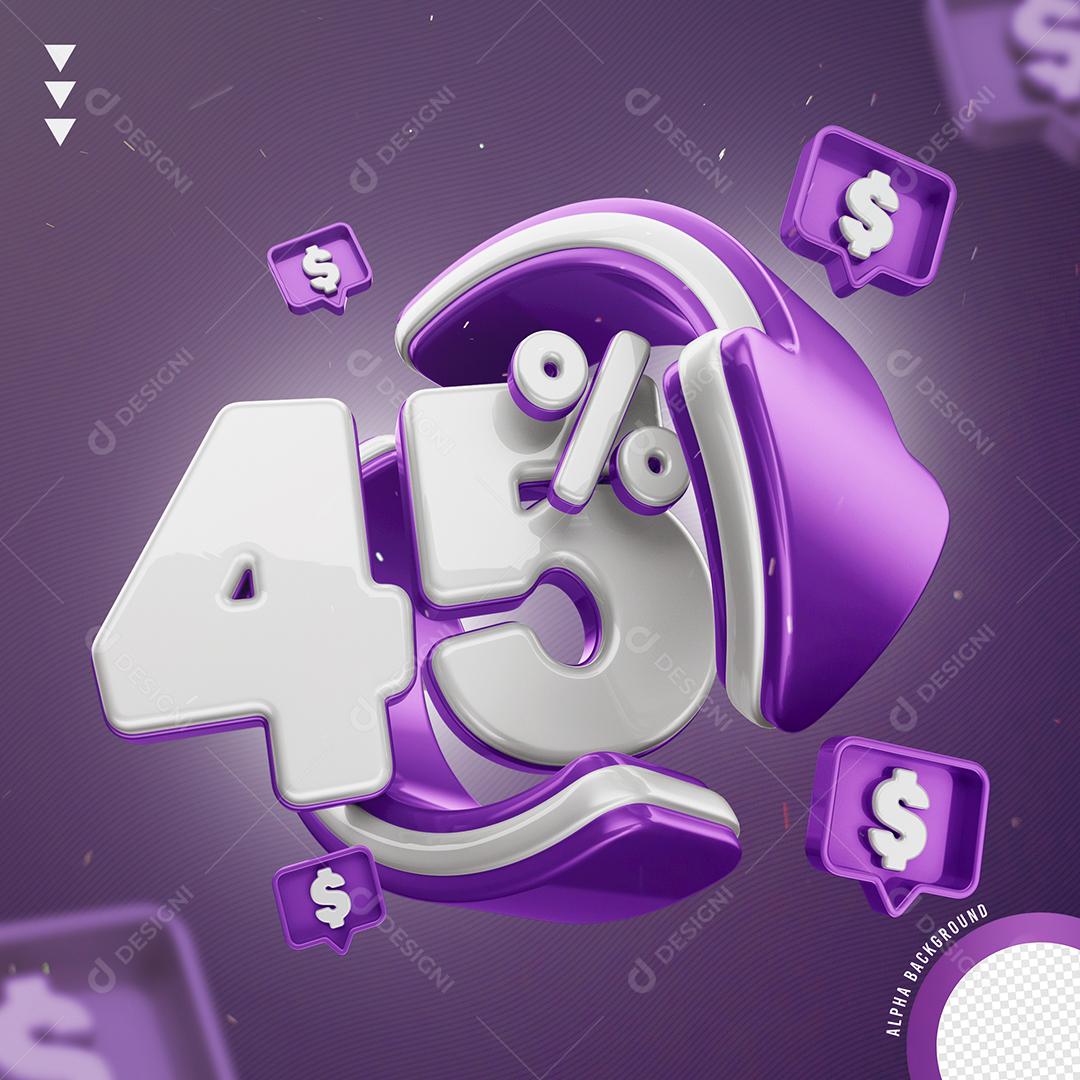 Elemento 3D 45% Por Cento Roxo e Branco para Composição PNG Transparente Sem Fundo