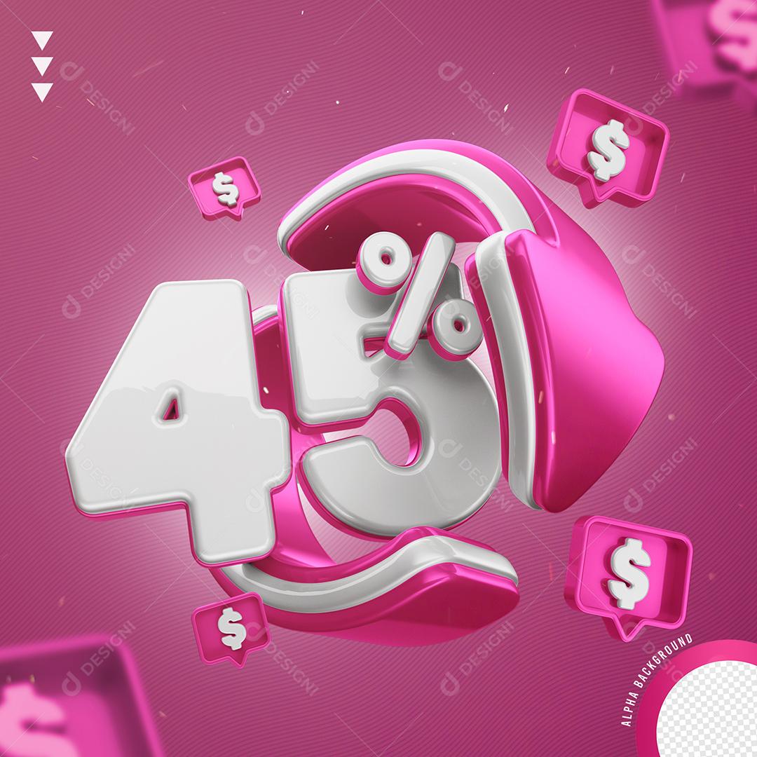 Elemento 3D 45% Por Cento Branco e Rosa para Composição PNG Transparente Sem Fundo