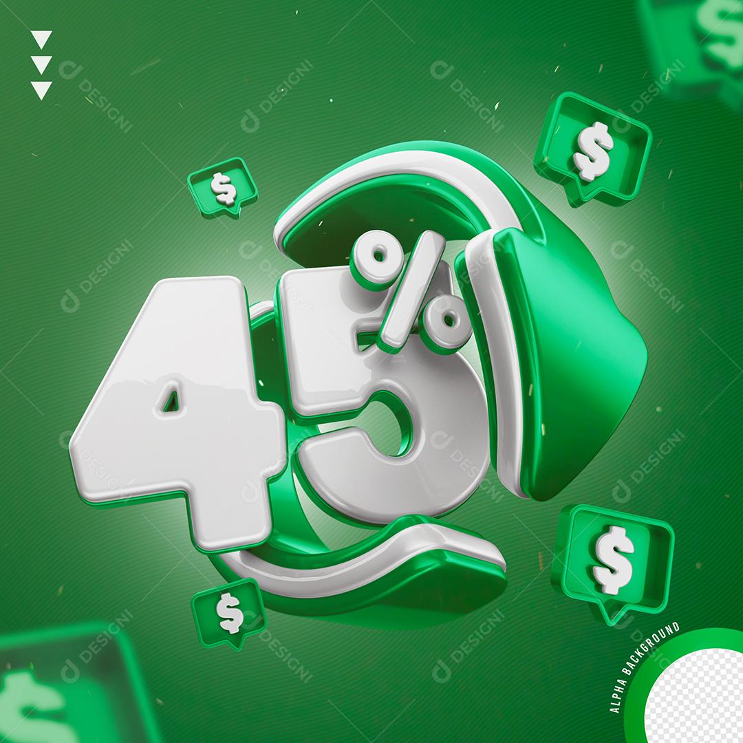 Elemento 3D 45% Por Cento Verde e Branco para Composição PNG Transparente Sem Fundo