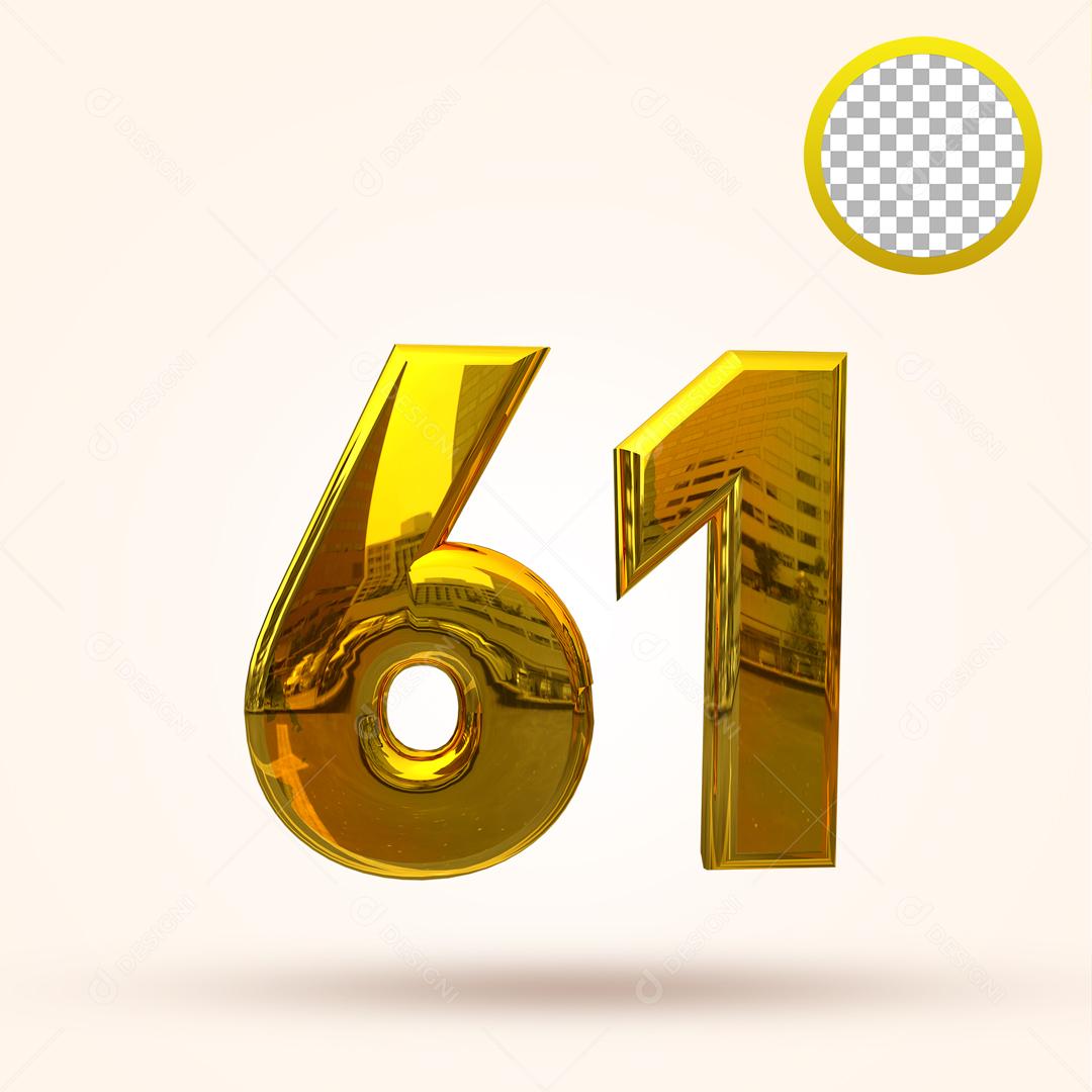 Número 3D 61 Dourado Para composição PSD