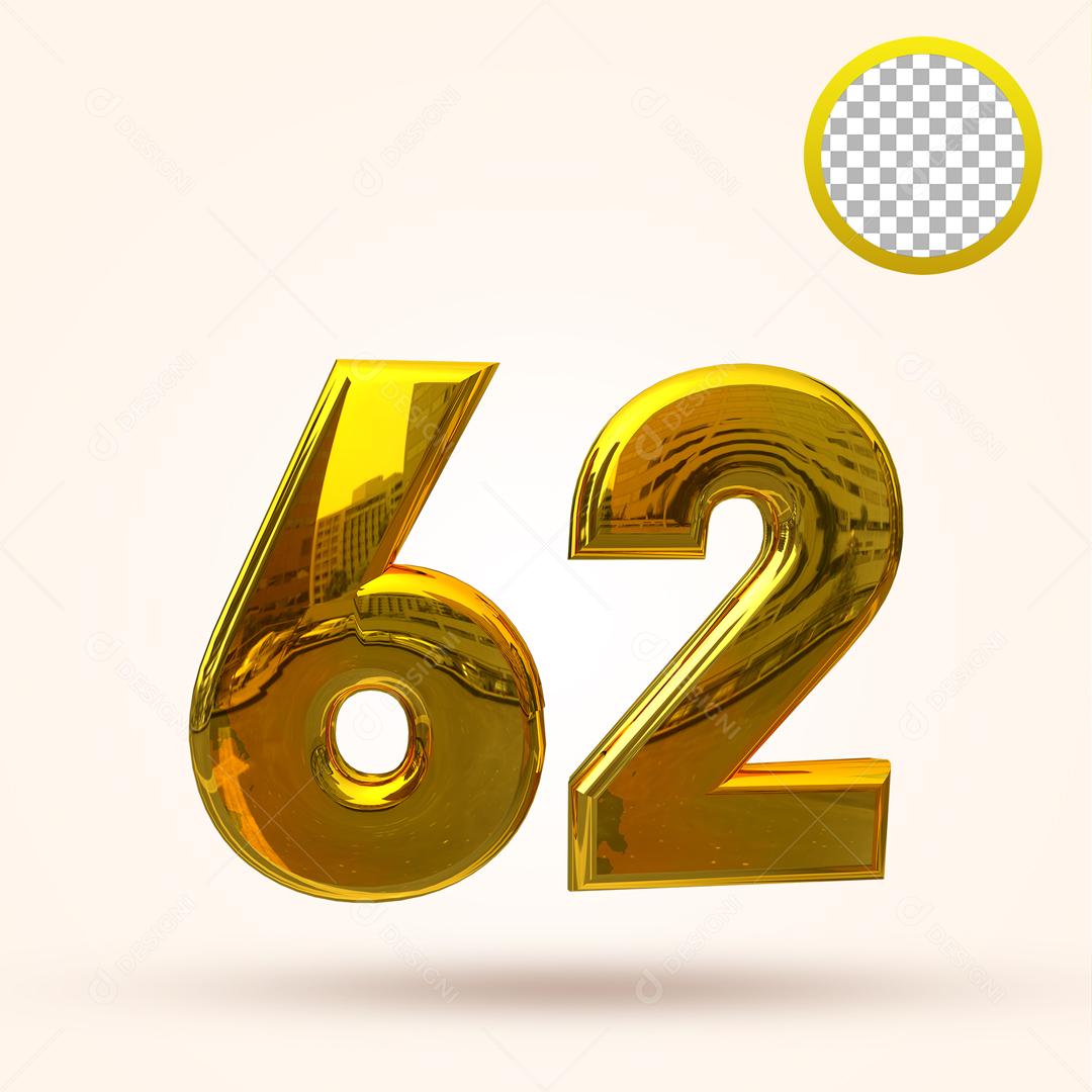 Número 3D 62 Dourado Para composição PSD