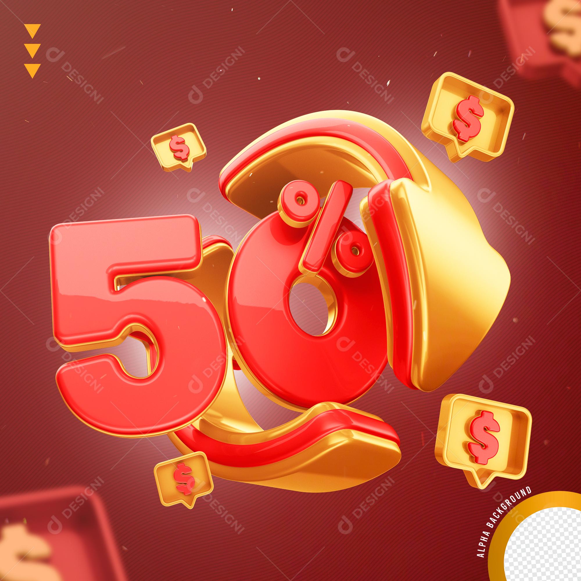 Elemento 3D 50% Por Cento Vermelho e Dourado para Composição PNG Transparente Sem Fundo