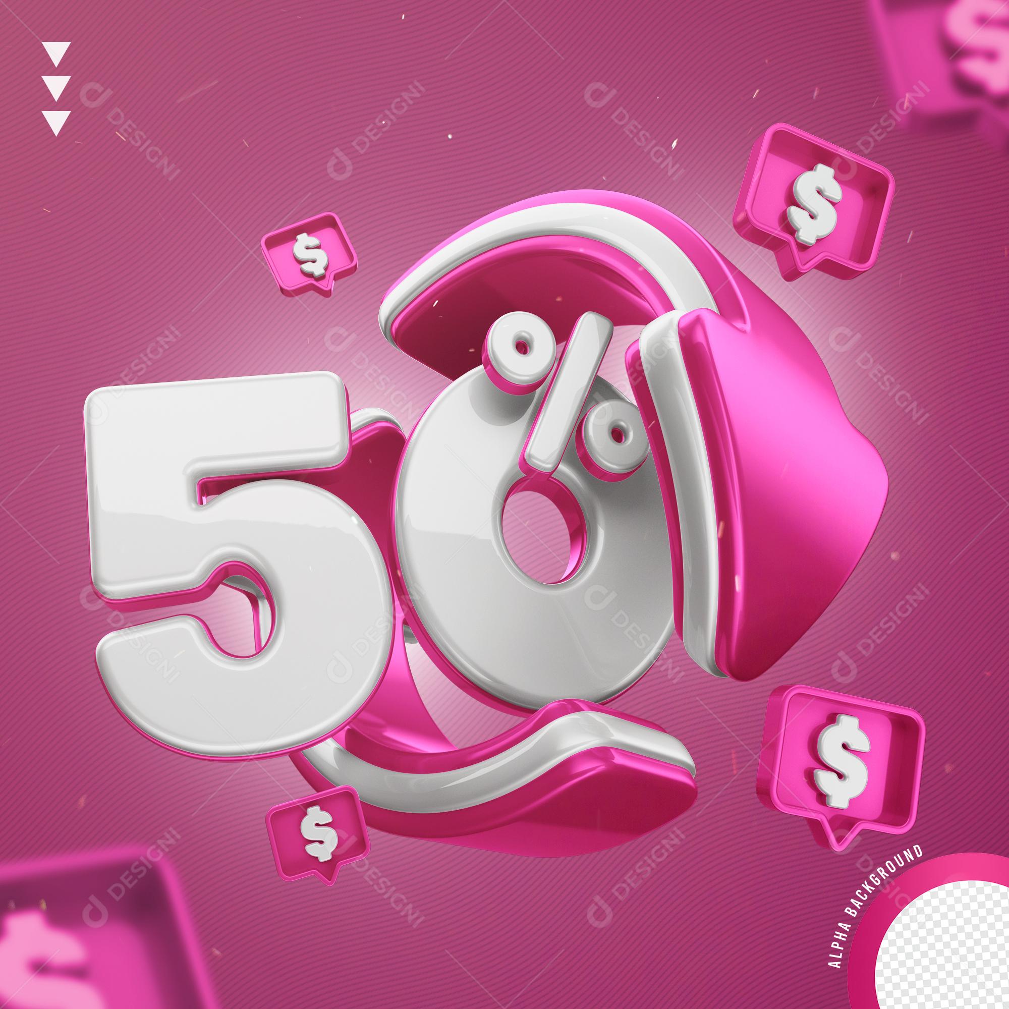 Elemento 3D 50% Por Cento Branco e Rosa para Composição PNG Transparente Sem Fundo