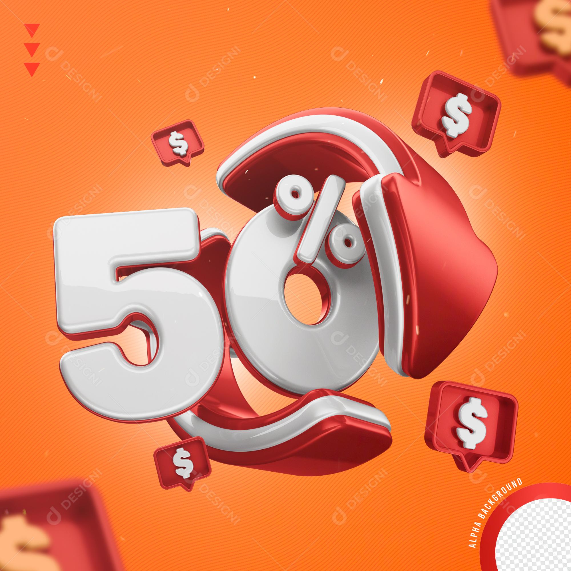 Elemento 3D 50% Por Cento Branco e Vermelho para Composição PNG Transparente Sem Fundo