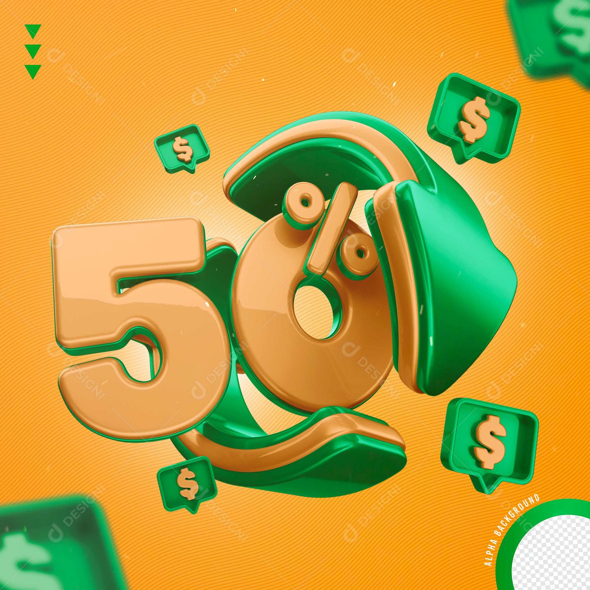 Elemento 3D 50% Por Cento Laranjado e Verde para Composição PNG Transparente Sem Fundo