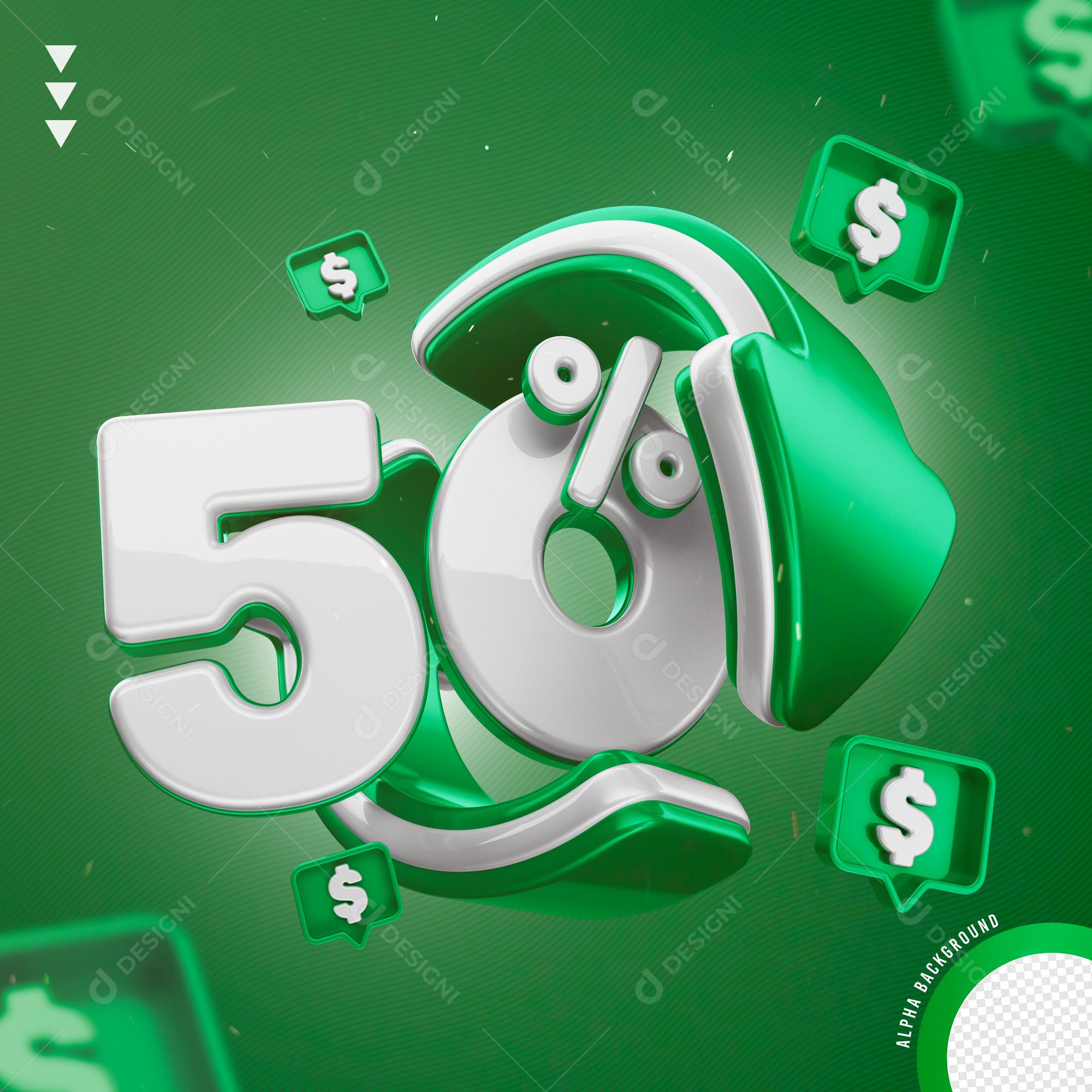 Elemento 3D 50% Por Cento Branco e Verde para Composição PNG Transparente Sem Fundo