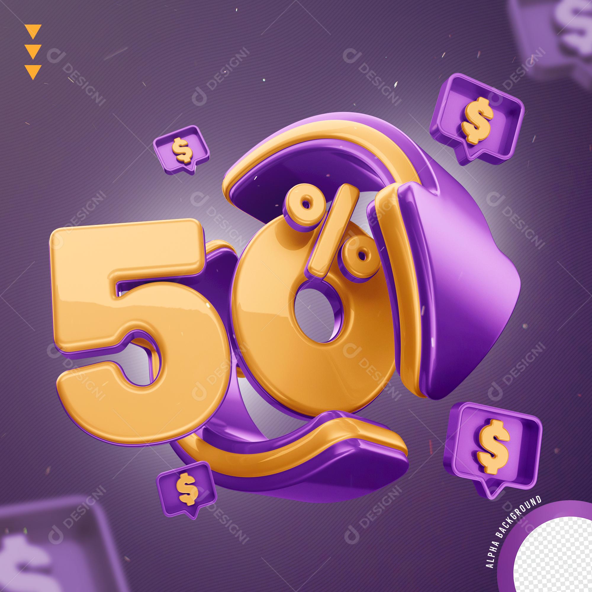 Elemento 3D 50% Por Cento Laranjado e Roxo para Composição PNG Transparente Sem Fundo