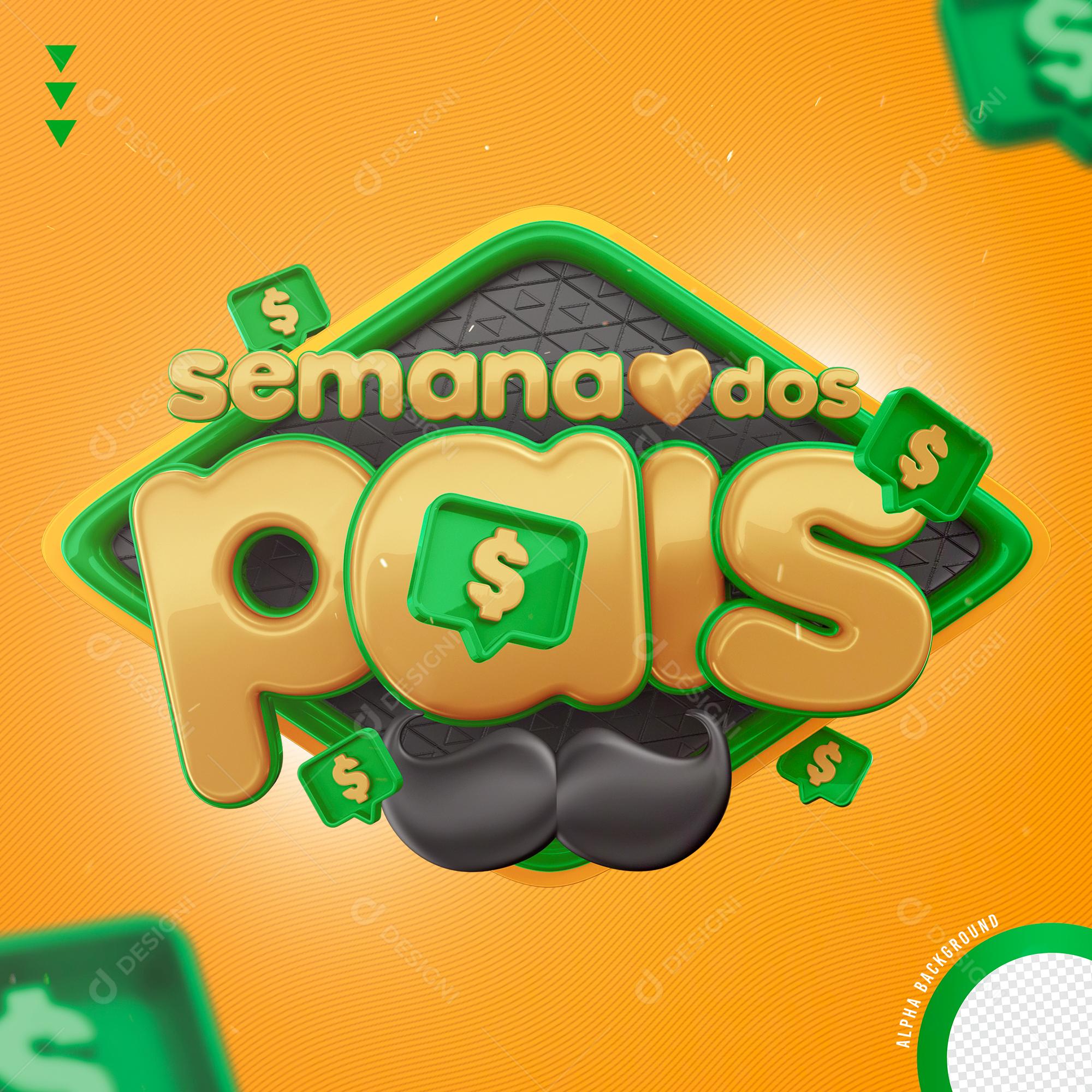 Semana Dos Pais Dourado e Verde Selo 3D para Composição PNG Transparente Sem Fundo