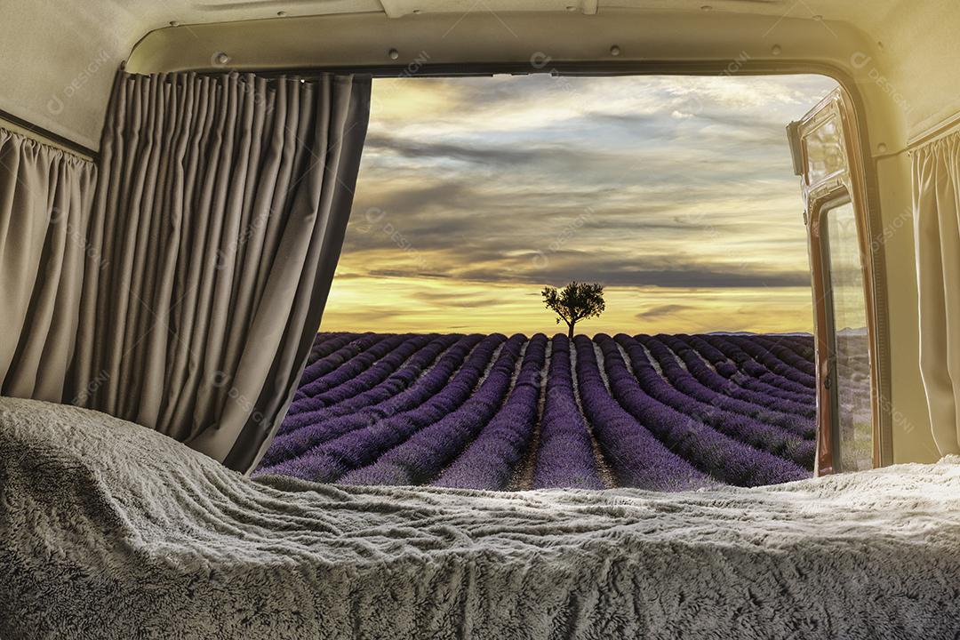 Vista de dentro de uma autocaravana adaptou os campos de lavanda em provence, França ao pôr do sol - conceito de liberdade