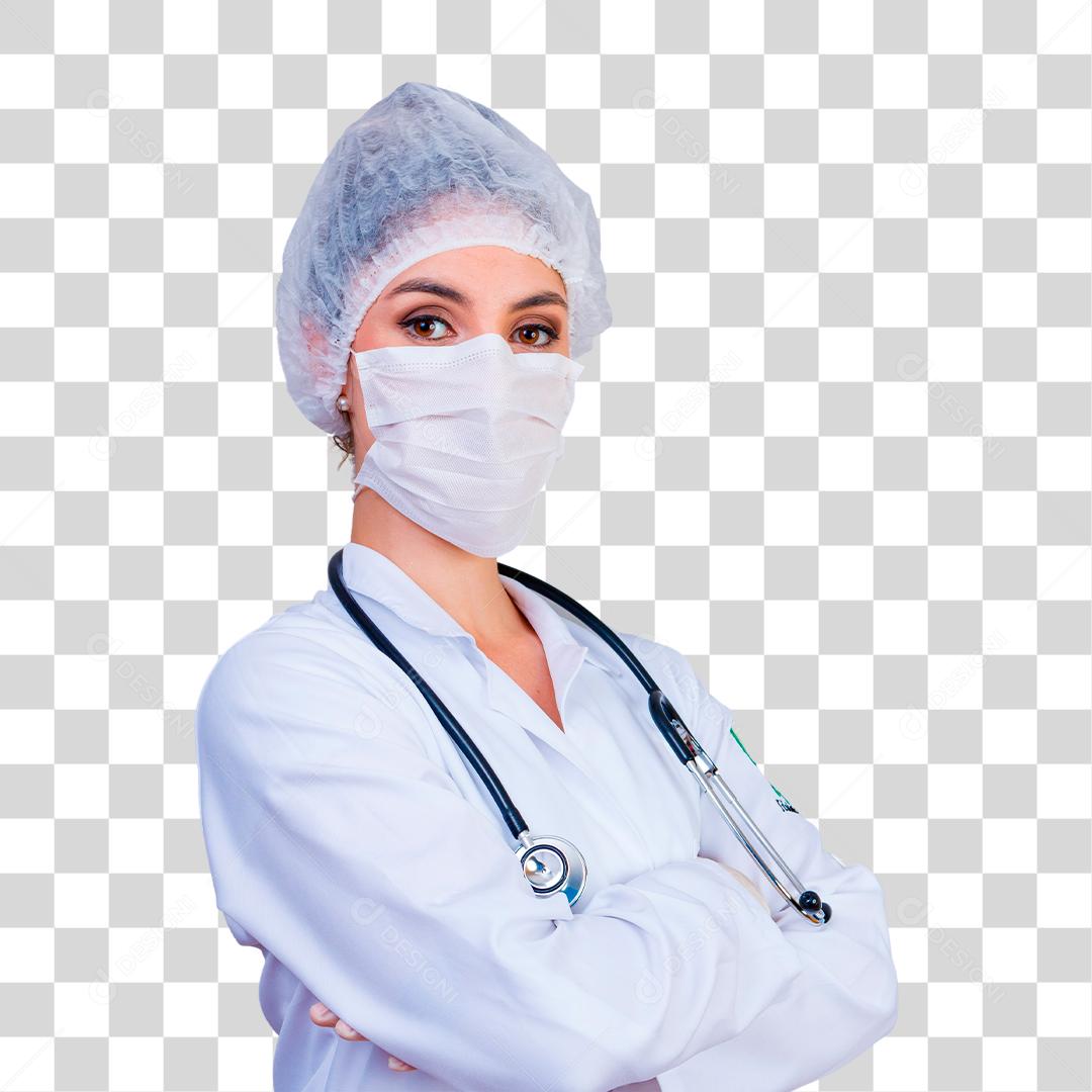 Mulher médica com jaleco e estetoscópio e máscara respiratória facial