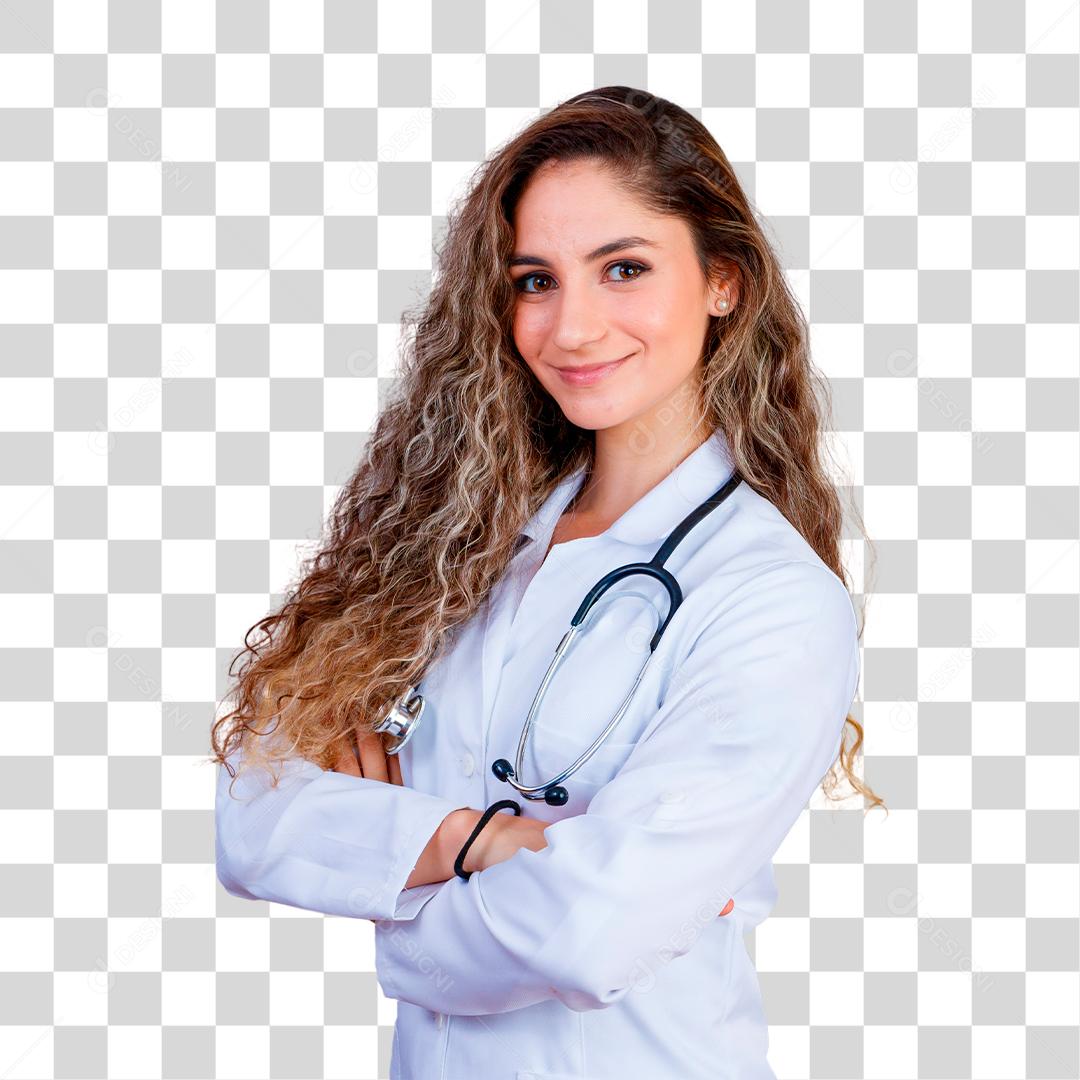 Mulher médica com jaleco e estetoscópio