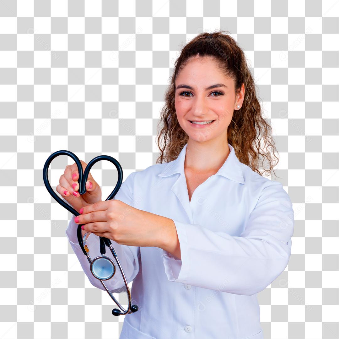 Mulher médica com jaleco e estetoscópio em forma de coração