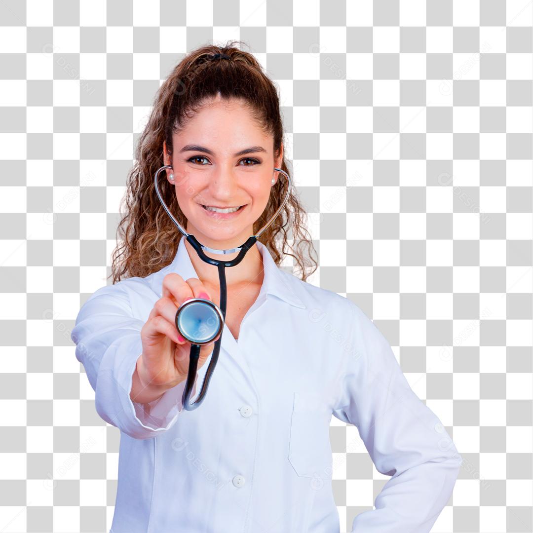 Mulher médica com jaleco e estetoscópio