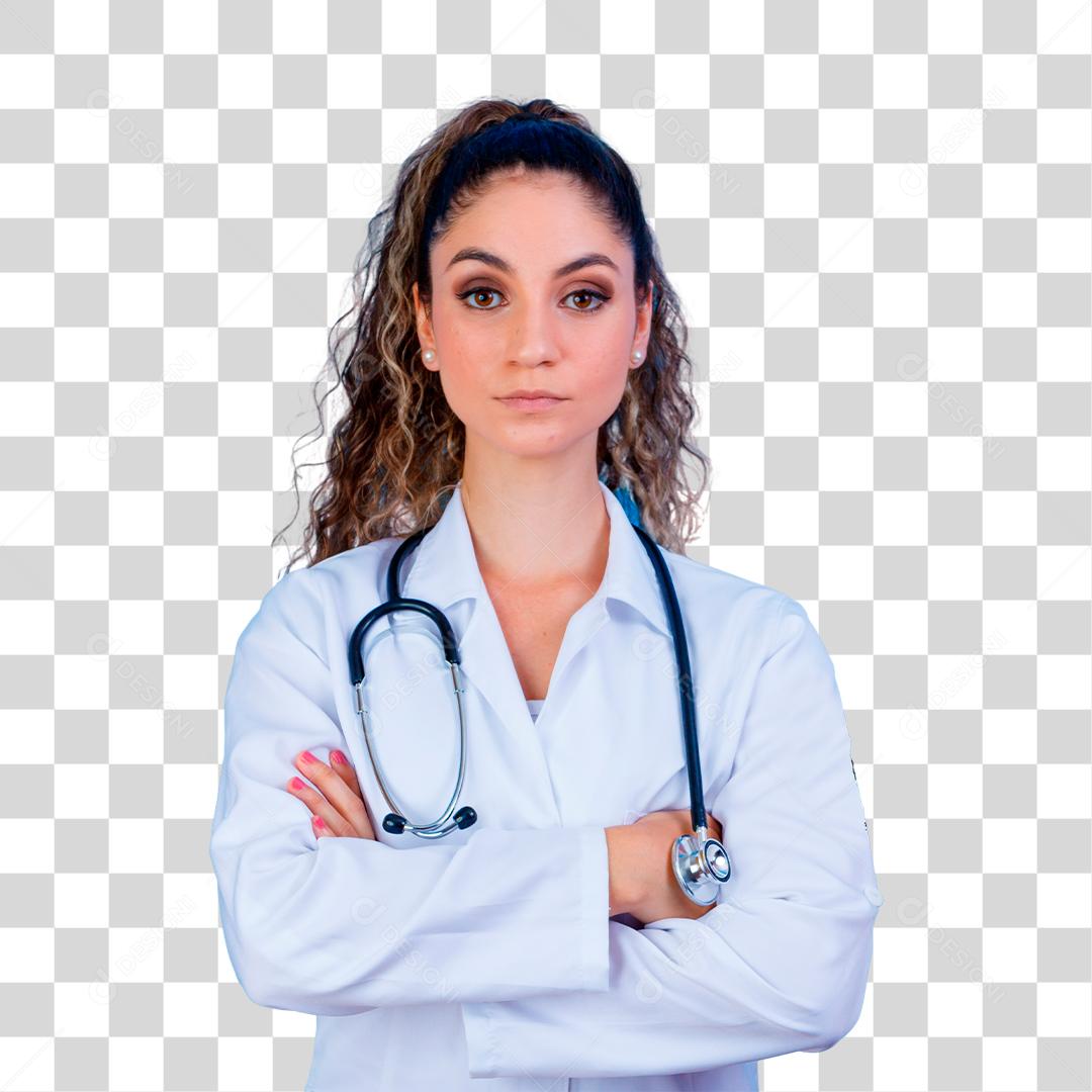 Mulher médica com jaleco e estetoscópio