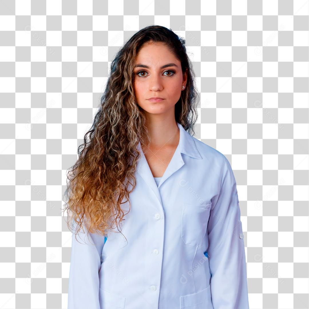 Jovem loira com jaleco de médica