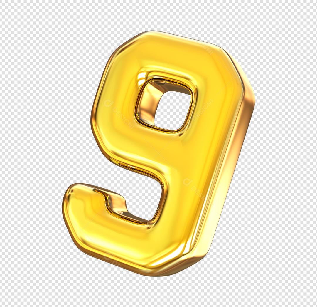 Número 3D 9 Dourado Elemento Para composição PSD