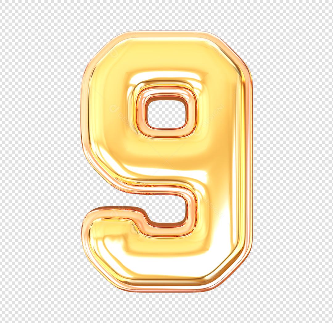 Número 3D 9 Dourado Elemento Para composição PSD