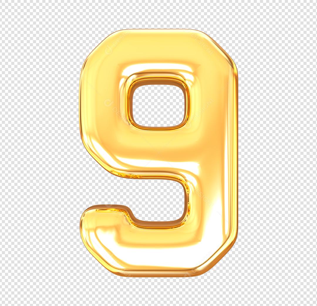 Elemento 3D Número 9 Dourado Para composição PSD