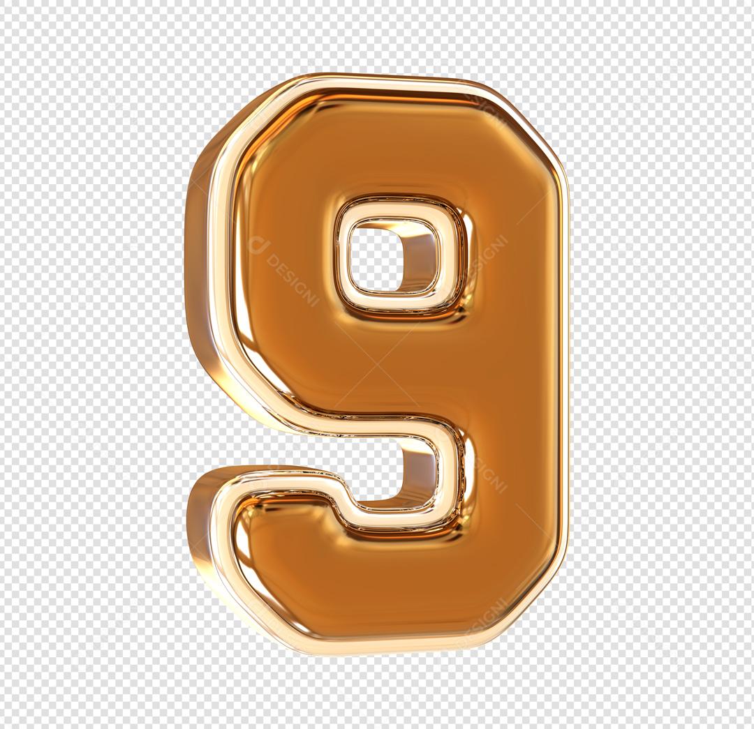 Número 3D 9 Dourado Elemento Para composição PSD