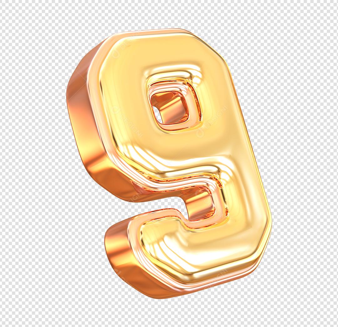 Número 3D 9 Dourado Elemento Para composição PSD