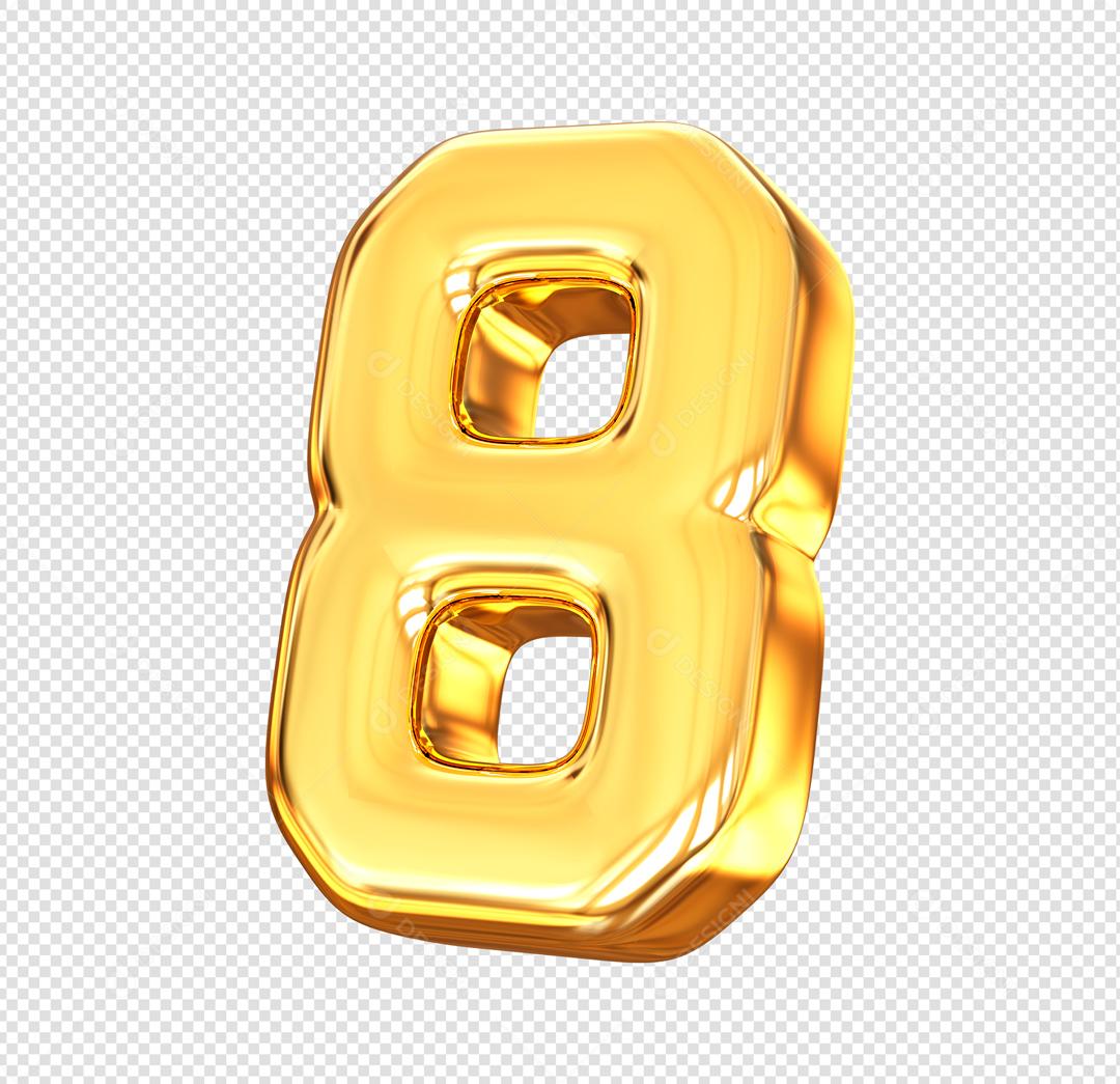 Número 3D 8 Dourado Elemento Para composição PSD