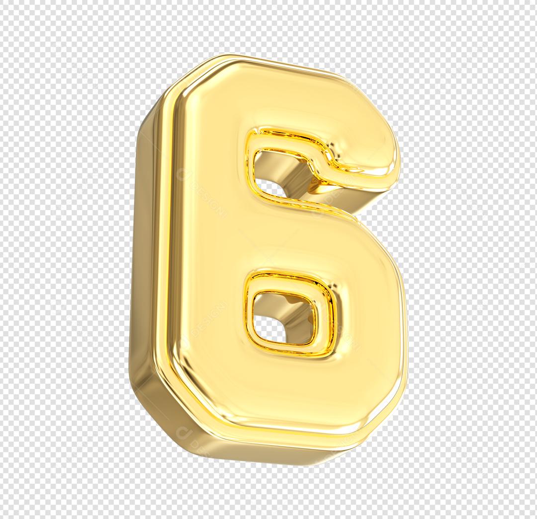 Número 3D 6 Dourado Elemento Para composição PSD
