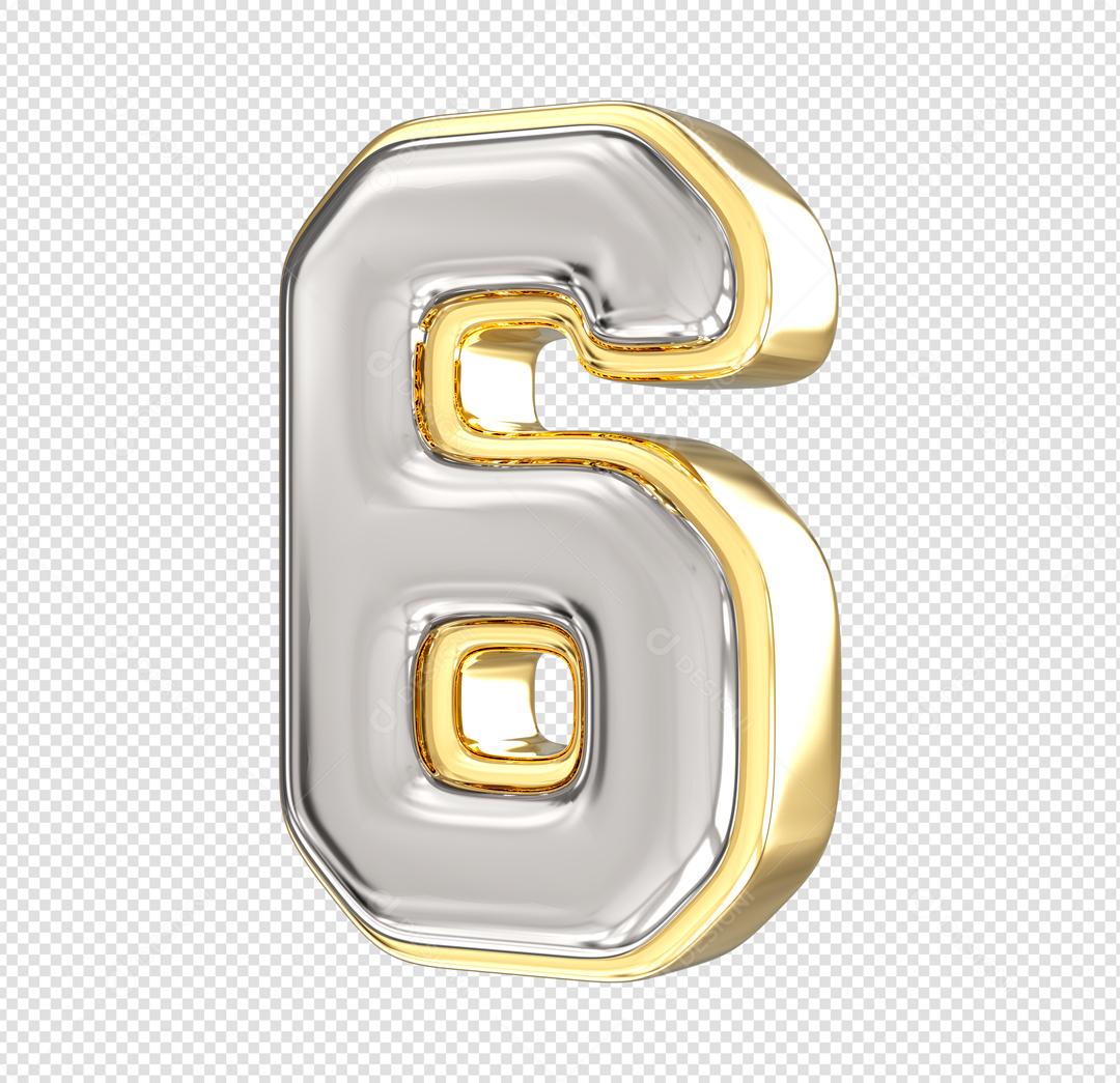 Número 3D 6 Prata e Dourado Elemento Para composição PSD