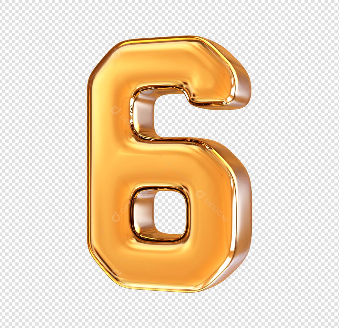 Número 3D 6 Dourado Elemento Para composição PSD
