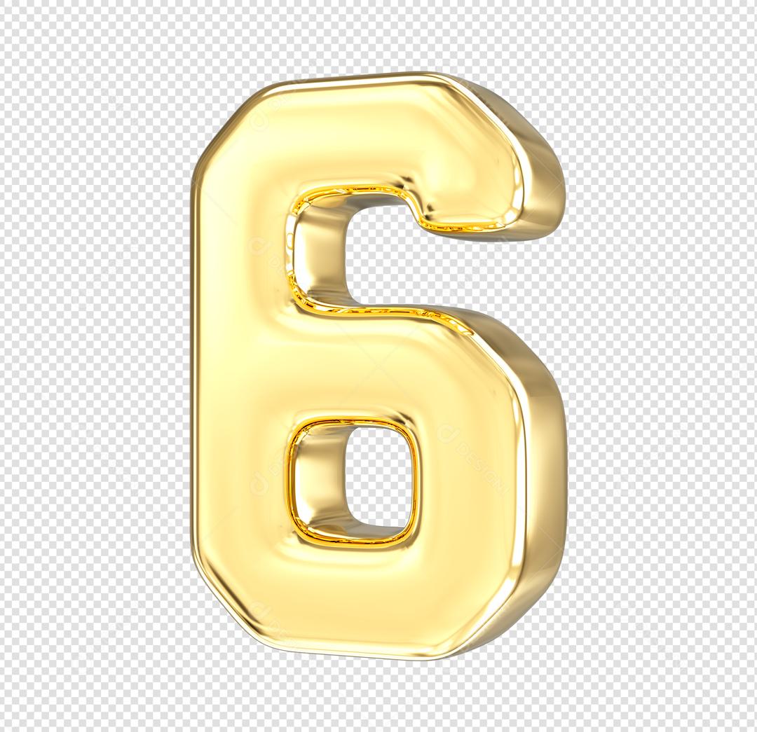 Número 3D 6 Dourado Elemento Para composição PSD