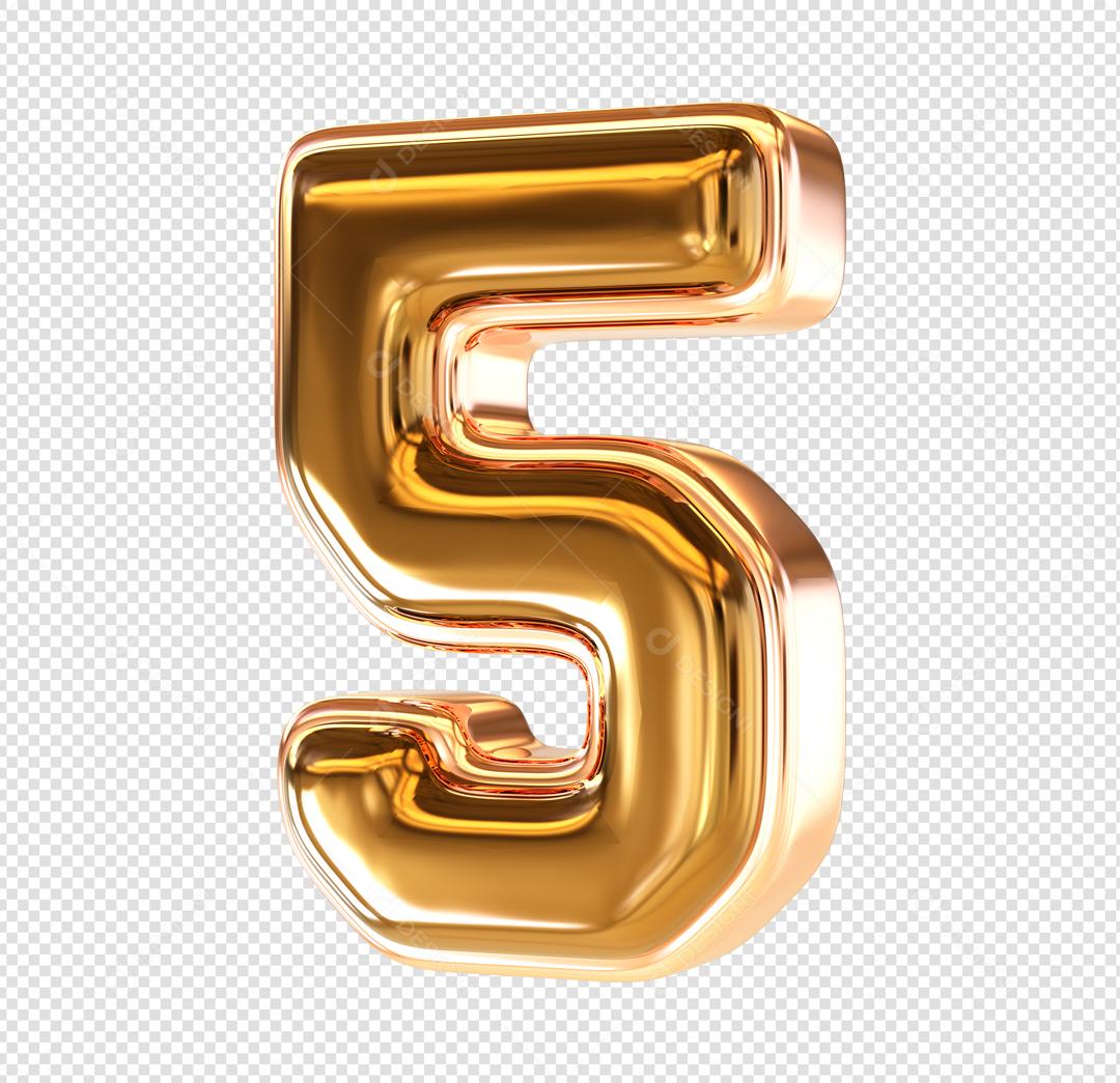 Número 3D 5 Dourado Elemento Para composição PSD